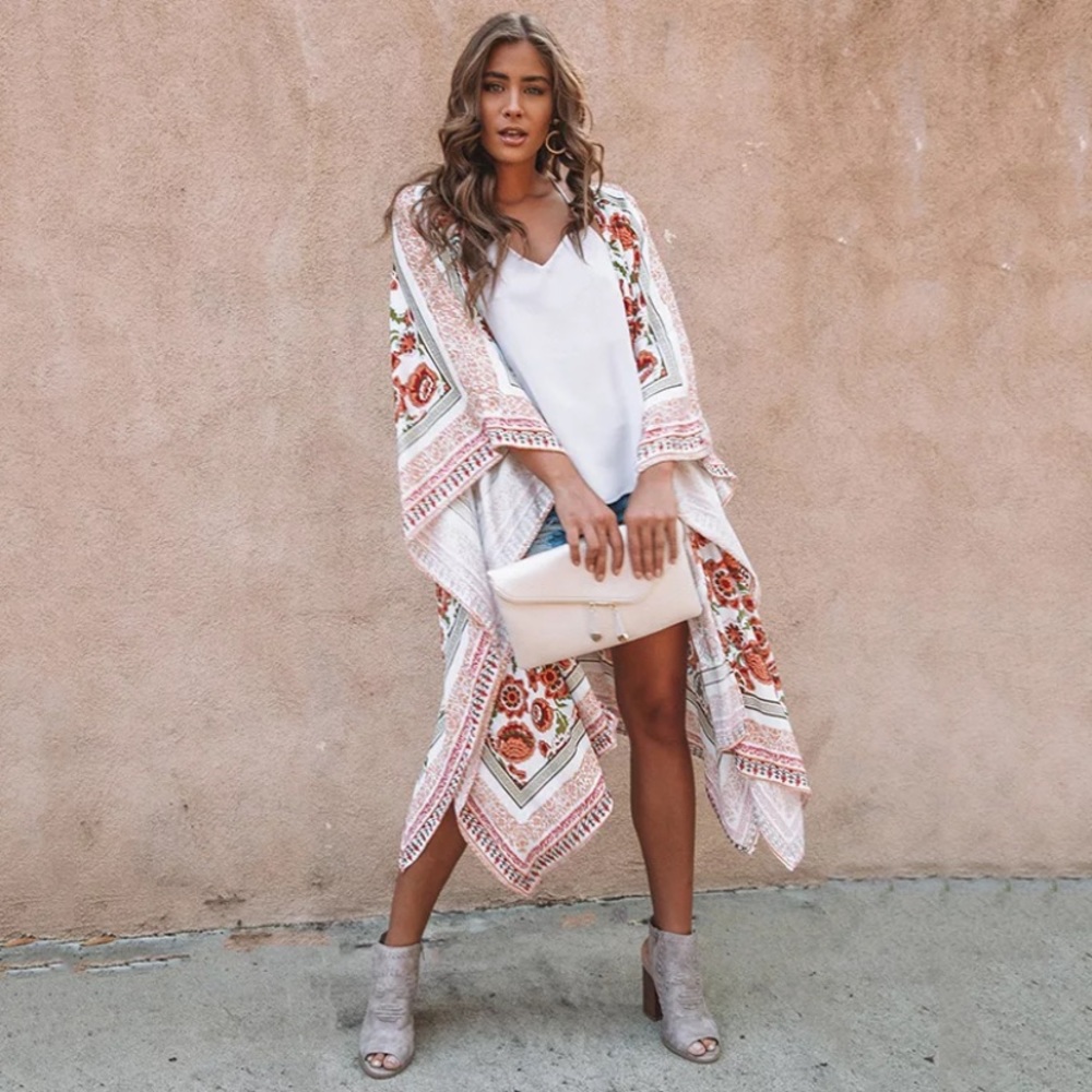 SOLD OUT CLEARANCE Bohemian Floral Kimono Coverup Wrap One Size - Picture 2 of 8